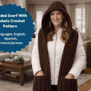 Op de afbeelding: Een bruine sjaal met capuchon en zakken. De sjaal is gemaakt van dik, getextureerd garen en heeft een capuchon en twee voorzakken. De tekst op de afbeelding luidt "Hooded Scarf With Pockets Crochet Pattern".