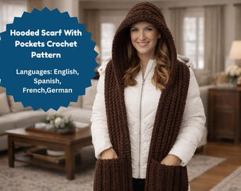 Hooded Scarf Crochet Pattern PDF, Winter Scarf with Pockets , Teen & Adult Sizes, US Terms, Multilingual