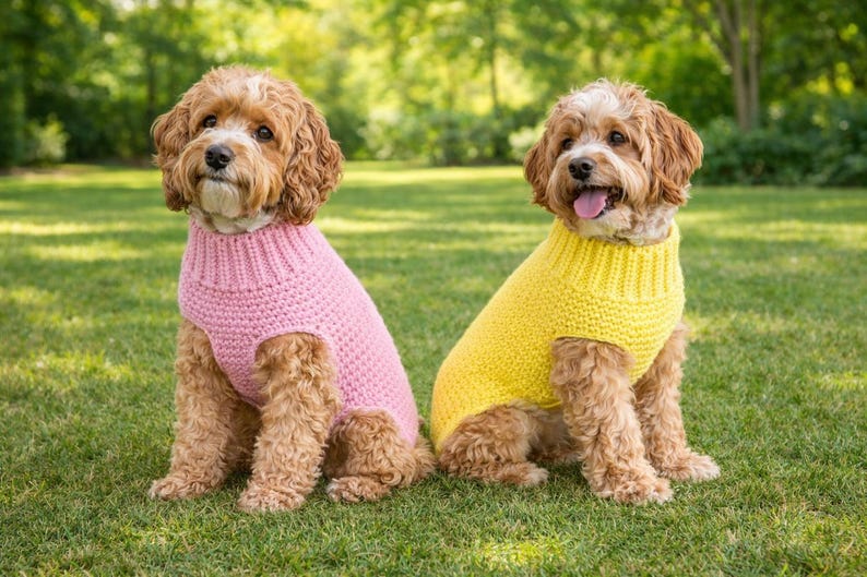 May include: Two dogs wearing knitted jumpers, one pink and one yellow, sit side-by-side on a grassy lawn. The dogs have brown and white fur and are looking at the camera. The background is a blurred green with trees.