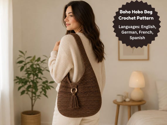 Crochet Boho Hobo Bag Pattern PDF, Shoulder Bag Crochet Pattern, Bohemian Tote Bag, Tassel Bag Pattern, Easy Crochet Purse, Instant Download