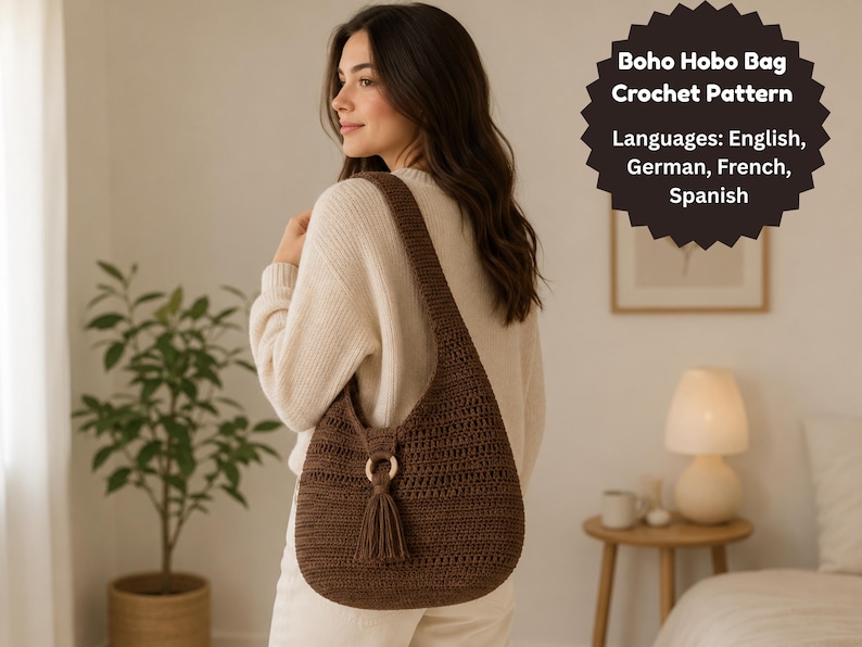 May include: A dark brown crochet hobo bag featuring a circular wooden ring connector and a matching tassel. The text on the image reads: Boho Hobo Bag Crochet Pattern. Languages: English, German, French, Spanish. The bag has a textured stitch pattern.