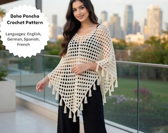 Timeless Boho Poncho Crochet Pattern PDF, Easy Beginner Poncho, Top Down Wrap, XS–5X, US Terms, Digital Download