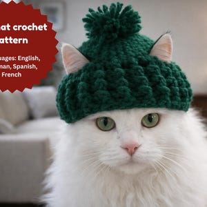 Może przedstawiać: Biały kot w ciemnozielonym szydełkowym kapeluszu z pomponem. Kapelusz ma wycięcia w kształcie uszu. Obraz zawiera tekst "Cat hat crochet pattern" i wymienia angielski, niemiecki, hiszpański i francuski jako dostępne języki.