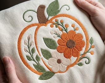 Floral Pumpkin Embroidery Design, Autumn Flowers Machine Embroidery File, Thanksgiving Cottagecore Fall PES DST Multiple Sizes