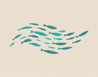 Fischschwarm Stickdatei, Sardine Maschinenstickerei, Moderne Küstenmalerei PES DST, mehrere Größen