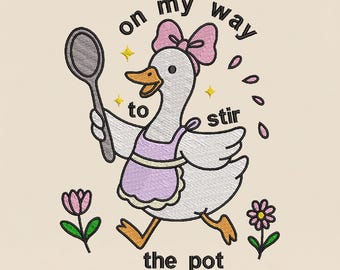 Stir the Pot Goose Embroidery Design, Funny Coquette Goose Machine Embroidery File, Pink Bow Farm Animal PES DST Multiple Sizes