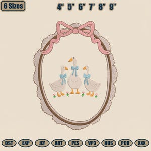 May include: An embroidered design of three white geese with blue bows, set within an oval frame with a pink bow. The design is available in 6 sizes, ranging from 10.16 cm to 22.86 cm.