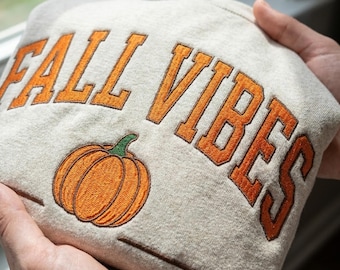 Fall Vibes Embroidery Design, Pumpkin Machine Embroidery File, Retro Varsity Autumn PES DST Multiple Sizes