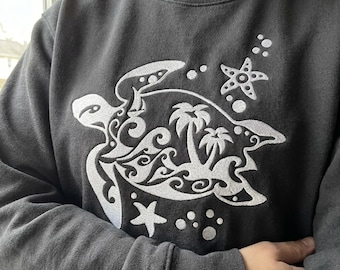 Tribal Sea Turtle Embroidery Design, Palm Tree Wave Machine Embroidery File, Summer Beach, Ocean Lover PES DST Multiple Sizes