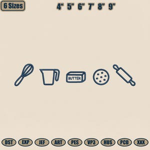 以下が含まれることがあります： 泡立て器、計量カップ、バター、クッキー、めん棒など、青い線画で描かれたベーキングツールのイラスト。画像には、10〜23cmのサイズとさまざまなファイル形式を示すテキストが含まれています。