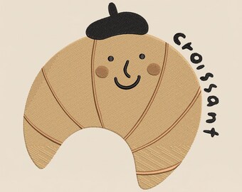 Paris Theme Croissant Embroidery Design, French Pastry with Beret Machine Embroidery File, Funny Bakery Food, PES DST Multiple Sizes