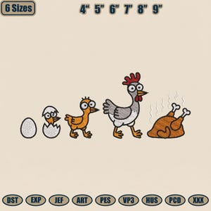 May include: An embroidered design showing the life cycle of a chicken, from egg to cooked turkey. The design includes an egg, a chick hatching, a chick, a chicken, and a cooked turkey. The design is available in 6 sizes, from 4 to 9 inches.