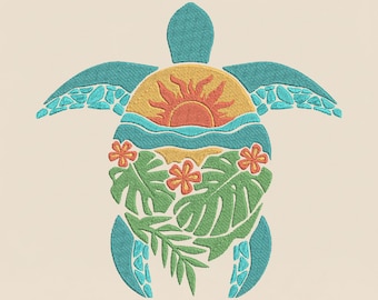 Wasserschildkröte Stickdatei, Tropischer Sonnenuntergang Maschinenstickerei, Hawaii Strand Meer, Sommer Küste PES DST, mehrere Größen