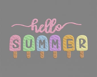 Hallo Sommer Eis am Stiel Stickmuster, buntes Eis Maschinenstickdatei, Sommerferien, Kinder Strand PES DST mehrere Größen