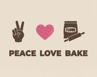 Design de bordado "Paz, Amor e Confeitaria", Arquivo de bordado à máquina "Rolagem e Rotação de Massas", Download em PES DST para amantes de confeitaria caseira.
