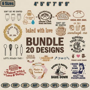 May include: A bundle of 20 baking-themed designs, featuring phrases such as "Baked with Love" and "Sourdough Social Club." The designs include illustrations of bread, jars, and baking tools. Sizes range from 10 to 23 cm.