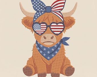 Highland Kuh Stickmuster, Amerikanische Flagge Maschinenstickerei, 4.Juli PES DST Mehrere Größen