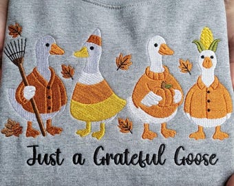 Just A Grateful Goose Embroidery Design, Thanksgiving Geese Machine Embroidery File, Fall Harvest Season PES DST Multiple Sizes