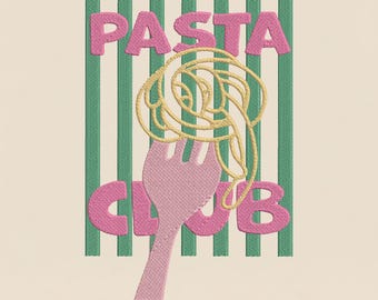 Pasta Club Stickmuster, Retro italienisches Essen Spaghetti Gabel Maschinenstickdatei, lustige Küche für Schürze, PES DST Mehrere Größen