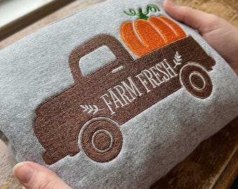 Farm Fresh Embroidery Design, Pumpkin Truck Machine Embroidery File, Retro Autumn Farmhouse PES DST Multiple Sizes