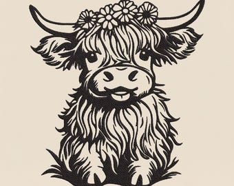 Floral Highland Cow Embroidery Design, Farm Animal Machine Embroidery File, Silhouette Cottagecore PES DST Multiple Sizes
