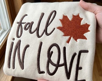 Fall In Love Embroidery Design, Maple Leaf Machine Embroidery File, Autumn Season PES DST Multiple Sizes