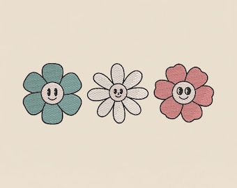 Retro Smiley Blumen Stickdatei, Groovy Hippie Maschinenstickdatei, Vintage Cartoon Floral PES DST mehrere Größen