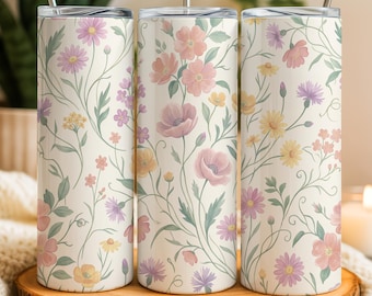 Pastel Wildflower Seamless Tumbler Wrap PNG, 20oz Straight Skinny, Boho Cottage Floral Sublimation Design, Trendy Tumbler Wrap