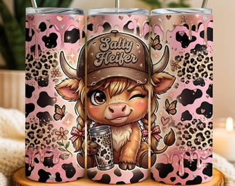 Salty Heifer Seamless Tumbler Wrap, Funny Highland Cow 20oz Skinny Tumbler Sublimation Design, Sarcastic Cow PNG Instant Digital Download