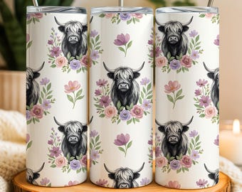 Highland Cow Seamless Tumbler Wrap PNG, Floral Cow Pattern Wrap for 20oz Skinny Tumbler, Western Sublimation Design, Cute Farm Download