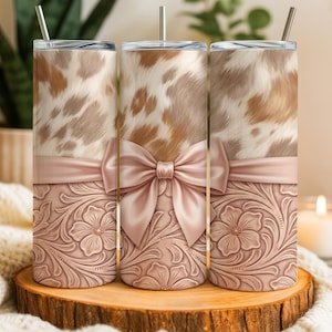 Cowhide Coquette Bow Tooled Leather Seamless Design, 20oz Skinny Straight Tumbler Sublimation Wrap, PNG Digital Download