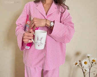 Pijama a cuadros rosas: 100 % algodón, ideal como regalo para la familia.