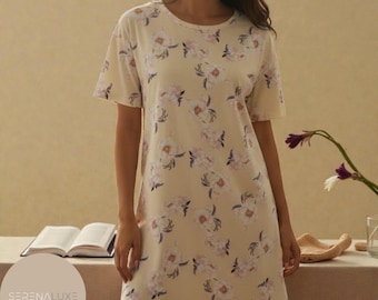 Buntes, abstrakt bedrucktes Baumwoll-Loungewear-Kleid für Damen: Weiches Kurzarm-Schlafkleid, lässiges Nachthemd, atmungsaktive Hauskleidung