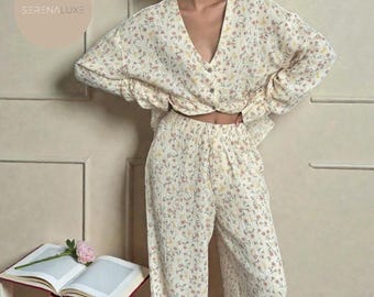 Floral Muslin Women Pajama Set: Ruffle Trim, 100% Cotton Lounge Sleepwear, Pink Flower PJs, Bridesmaid Gift