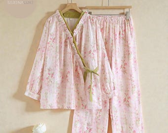 Pijama 100 % algodón de muselina, kimono de encaje rosa para jardín, ropa de casa de algodón y lino, ropa de estar cómoda para mujer.