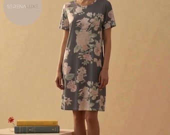 Buntes, abstrakt bedrucktes Baumwoll-Loungewear-Kleid für Damen: Weiches Kurzarm-Schlafkleid, lässiges Nachthemd, atmungsaktive Hauskleidung