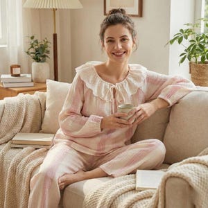 Peut inclure: Ensemble de pyjama à rayures roses et blanches avec un col en dentelle blanc. Le haut à manches longues a une fermeture à nouer au niveau du col. La personne est assise sur un canapé beige et tient une tasse.