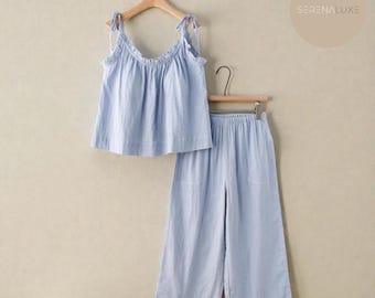 Chic Cotton Gauze Pajama Set for Women | 100% Cotton Sleepwear - Sweet Ruffle Trim, Summer Comfort, Youthful Style