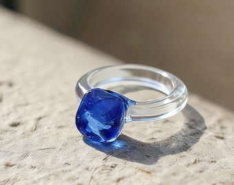 Handgemachte Blaue Kunst Glas Ring, moderne Minimalist Statement für den Alltag