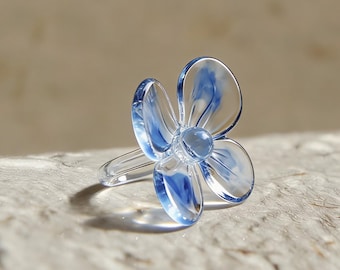 Handgefertigte Blaue Glasblume Ring, Handwerker Floral Statement Schmuck