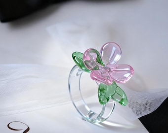 Mund geblasen Borosilikatglas Blüte Ring, rosa Blume Natur Schmuck