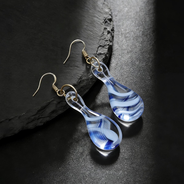 Blue Whirlpool Teardrop Glass Earrings, Handmade Glass Jewelry,  Gift for Her