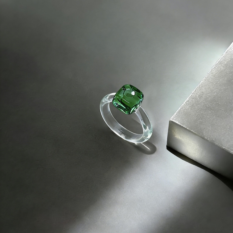 Handmade Borosilicate Glass Ring, Artisan Flame Fired Green Square Art ...