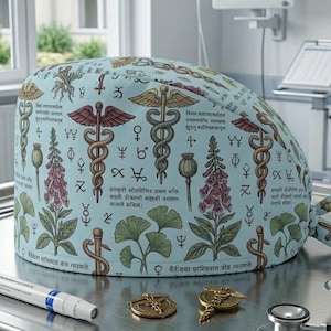 Può includere: Un cappello chirurgico azzurro con un motivo botanico e un caduceo. Il cappello presenta illustrazioni di fiori, foglie e il bastone di Hermes. Una penna, due medaglioni e uno stetoscopio sono sulla superficie in acciaio inossidabile.