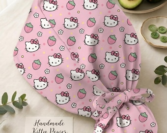 Pink Kitty Strawberry Scrub Cap – Satin Lined Surgical Hat (Adjustable)