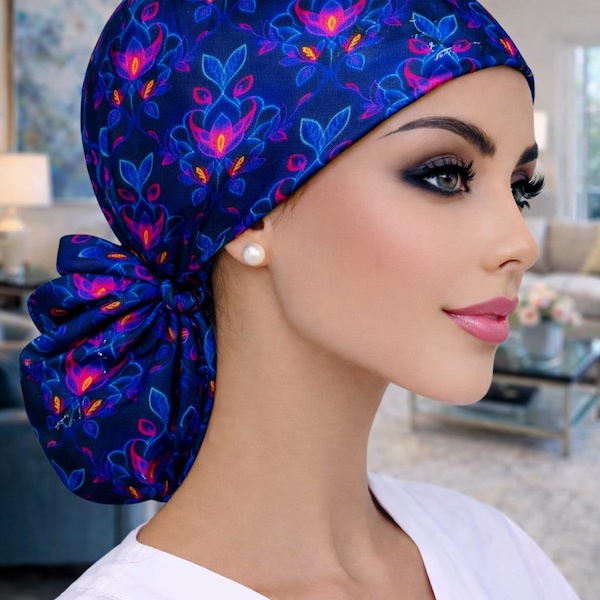 Floral Satin Lined Scrub Cap | Adjustable Tie Back | Cotton Surgical Hat