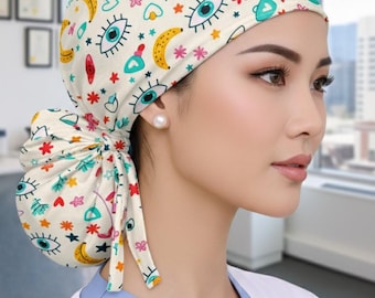 Ponytail Scrub Cap, Satin Lined, Cotton, Adjustable Medical Hat
