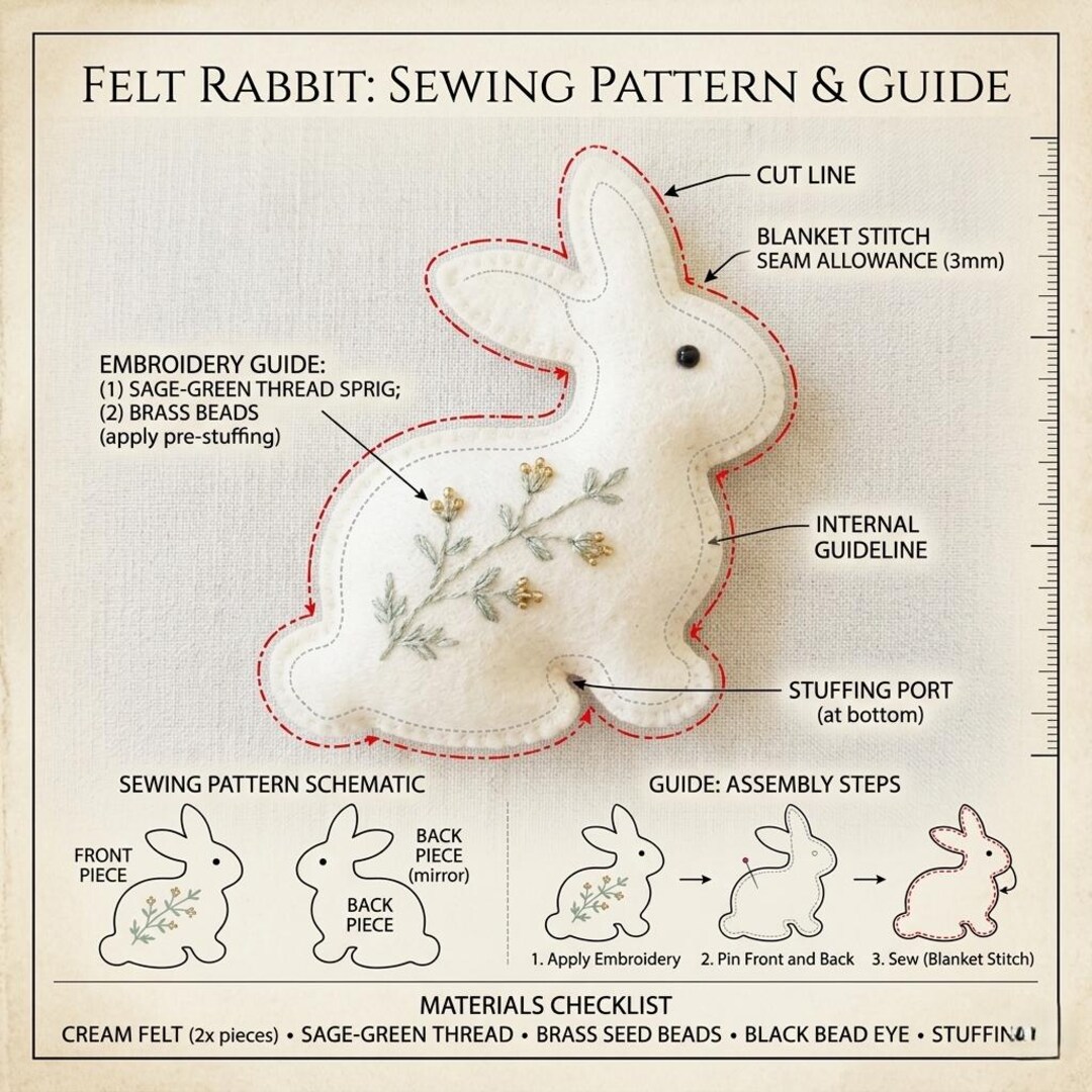 DIY Felt Bunny Sewing Pattern & Embroidery Guide – Minimalist Easter ...