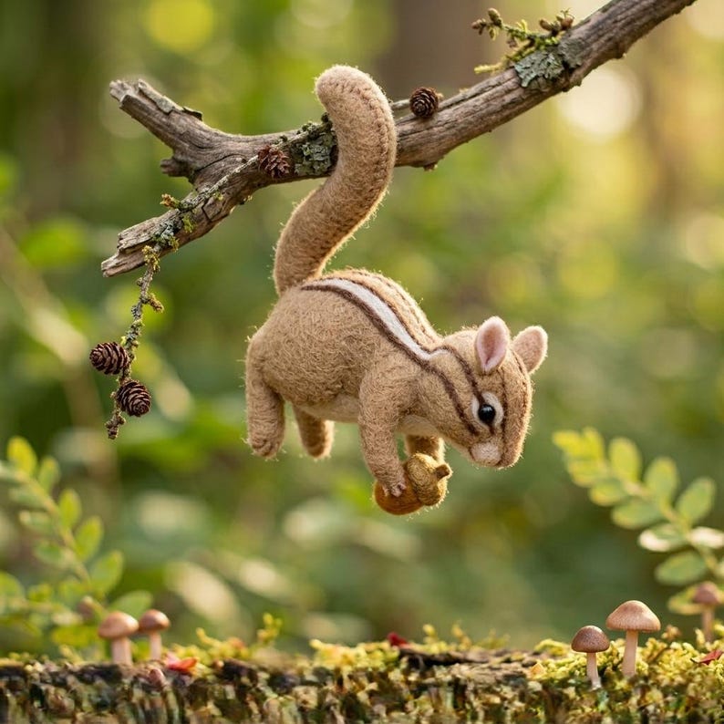 May include: A handcrafted felt chipmunk with a striped back and a fluffy tail, holding an acorn. The chipmunk is suspended from a tree branch with small pine cones, set against a blurred green background.