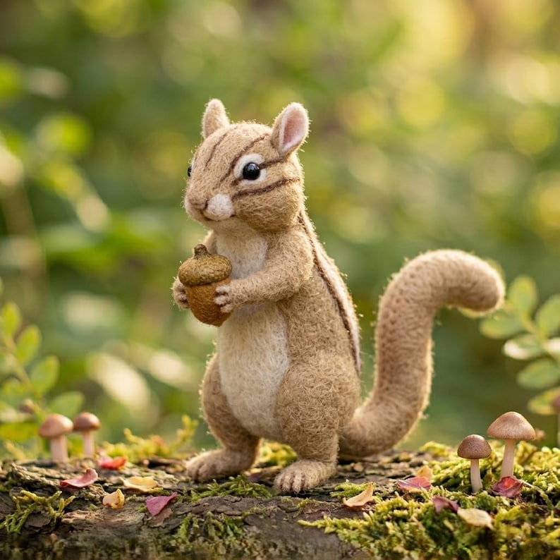 May include: A handcrafted felt chipmunk figurine, holding a small acorn. The chipmunk has brown and tan fur with dark stripes, standing on a mossy log with miniature mushrooms. The background is a soft, blurred green.